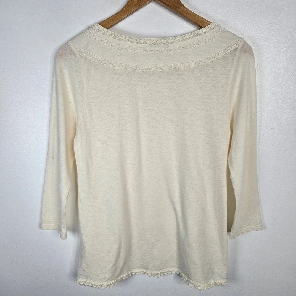 Lucky Brand Small Cream Crochet Trim 3/4 Sleeve Top Women's Blouse - Picture 2 of 4